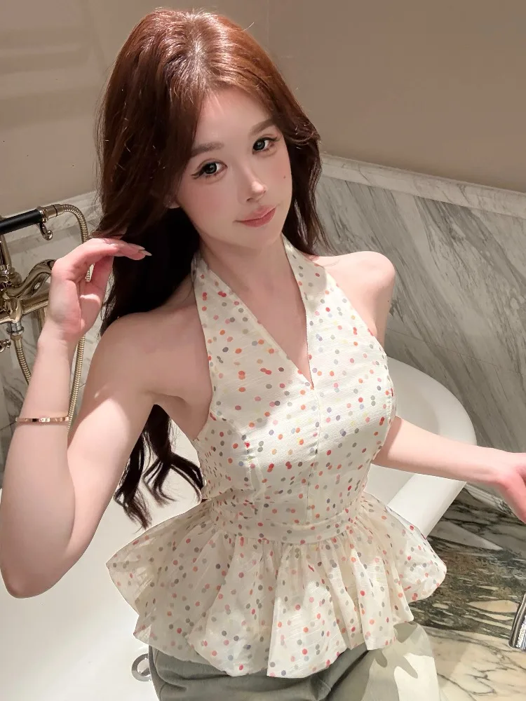 

Pure Desire Design Sweet Polka Dot Neckline Vest Short Summer New Style Women's Fashion City Walk Linen Material V-neck Top