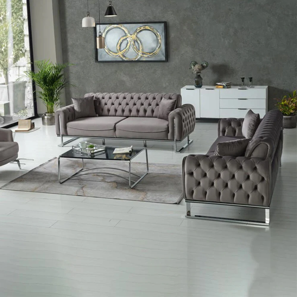 # Factory Hot Sale Tufted Velvet Fabric Sofa Three Seat Sectional Sofa Set Modern Design with Metal Legs Couch