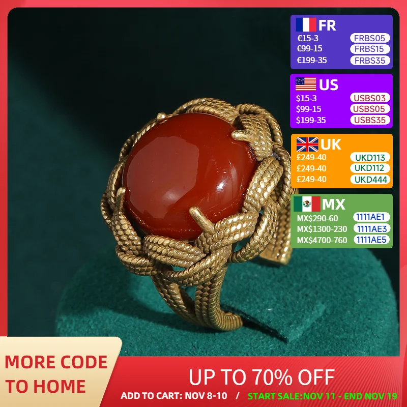 

Vintage Gold Color Red Agate Stone Rings Round Natrual Antique Weave Accessories For Woman Luxury Quality Jewelry Party 2025