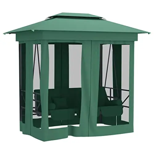 *qGarden Gazebo with Convertible Swing Bench Hanging Outdoor Swing Chair Set Metal Teslin Frame Waterproof Cushion for Summer