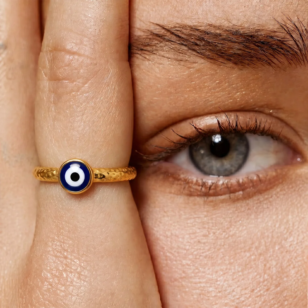 Punk Evil Eye Lucky Amulet Stainless Steel Women Open Ring Adjustable Hammered Band 18K Gold Plated Boho Jewelry Gift Daily Wear