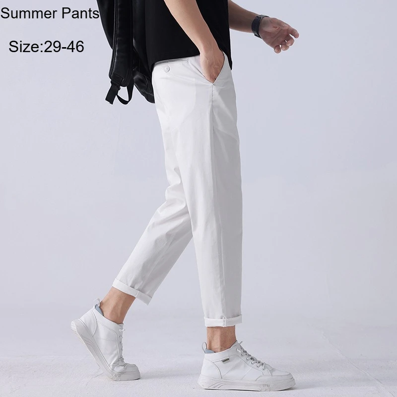 

Летние белые брюки мужские тонкие повседневные больших размеров 42 44 46, цвета хаки и синие, эластичные, длиной до щиколотки, зауженные, хлопковые, дышащие, популярные