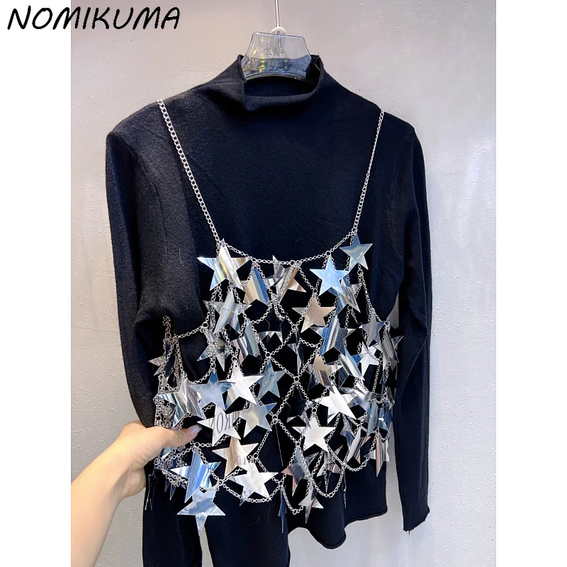 Nomikuma 2023 Autumn Spicy Girl Sequined Sling Vest + Half High Collar Stretch Slim Bottoming Knitwear Tops Women Knitted Sets