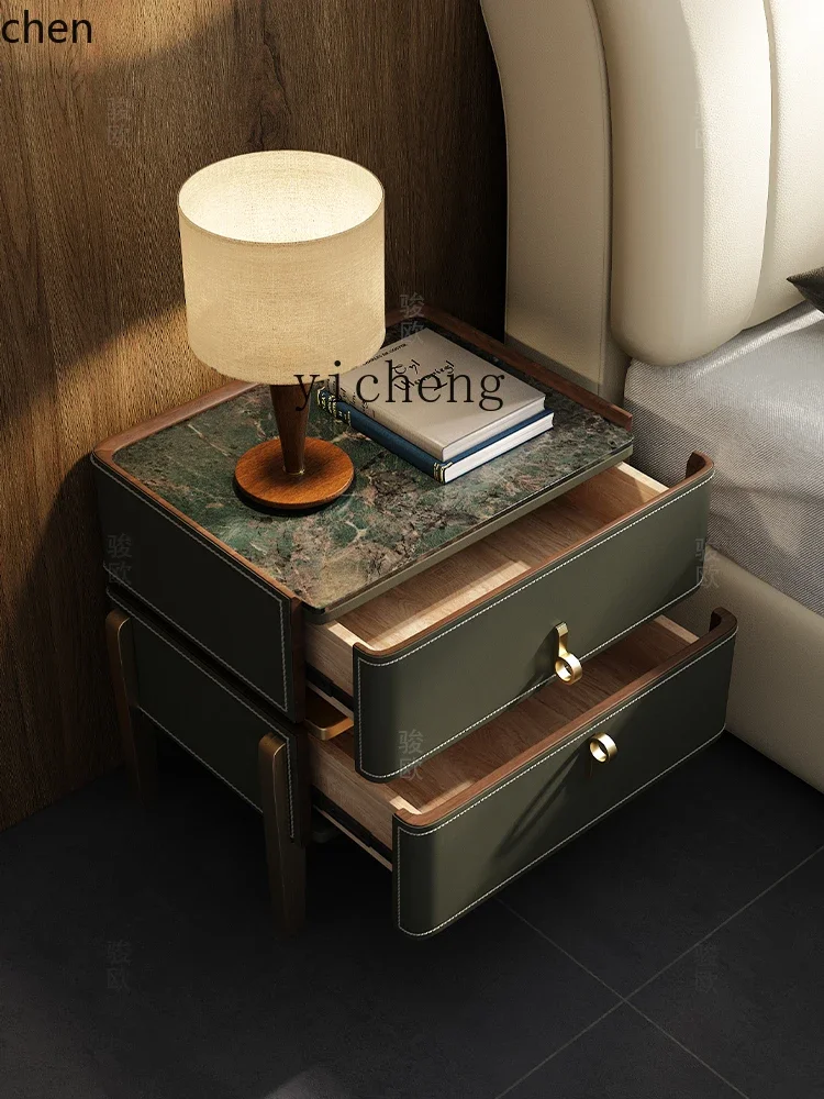 d8  master bedroom modern premium saddle leather light luxury minimalist rock slab bedside storage cabinet