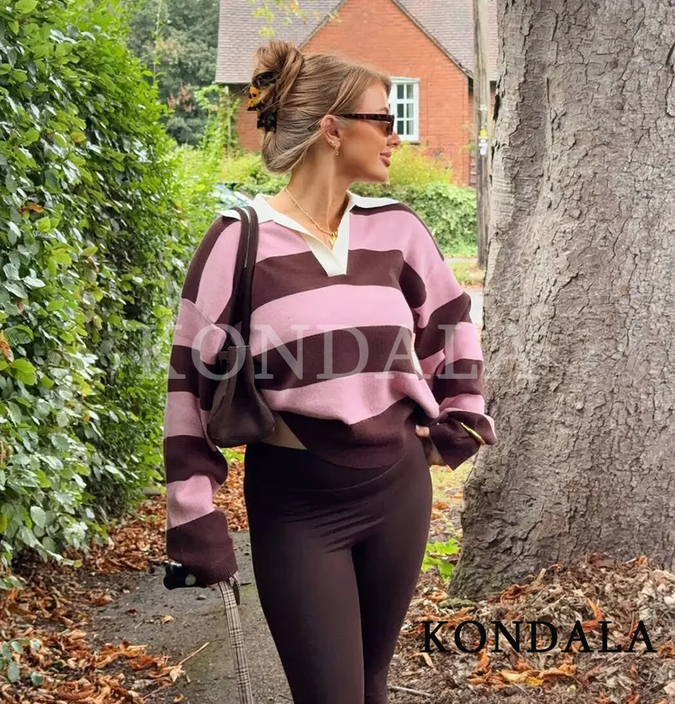 

KONDALA повседневный полосатый свитер, женский свободный вязаный свитер с воротником-поло, весна-осень 202, модный элегантный простой универсальный свитер