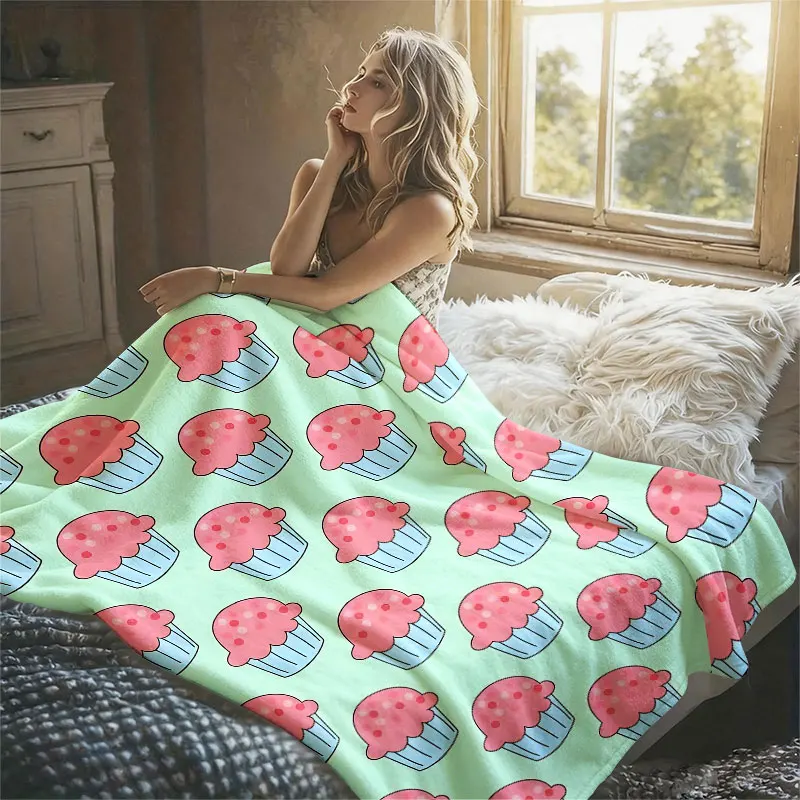 Pink Cupcakes Mint Grid Flannel Blanket Perfect for Sofa Office Bed Travel Sleep Read Relax Camping Four Season Use