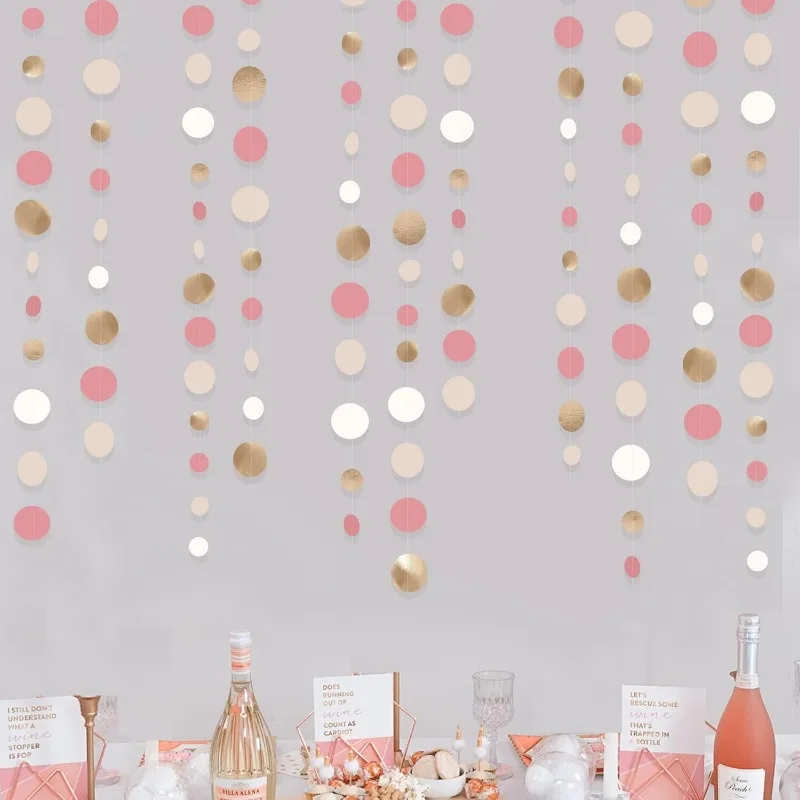 Champagne Dusty Pink Wedding Party Decor Circle Garland Gold Pink Nude Neutral Cream White Boho Polka Dot Bridal Shower Streamer