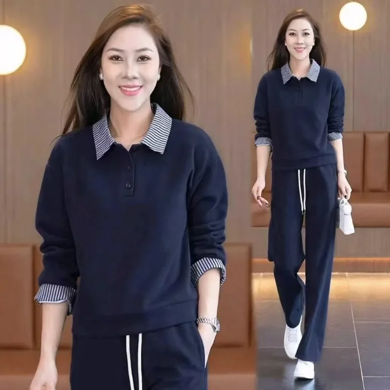 Lazy Style Spring Autumn New Style Women's Clothing Stylish Casual Fake Two Piece Sweatshirt Set One Complete Set Fashion Outfit