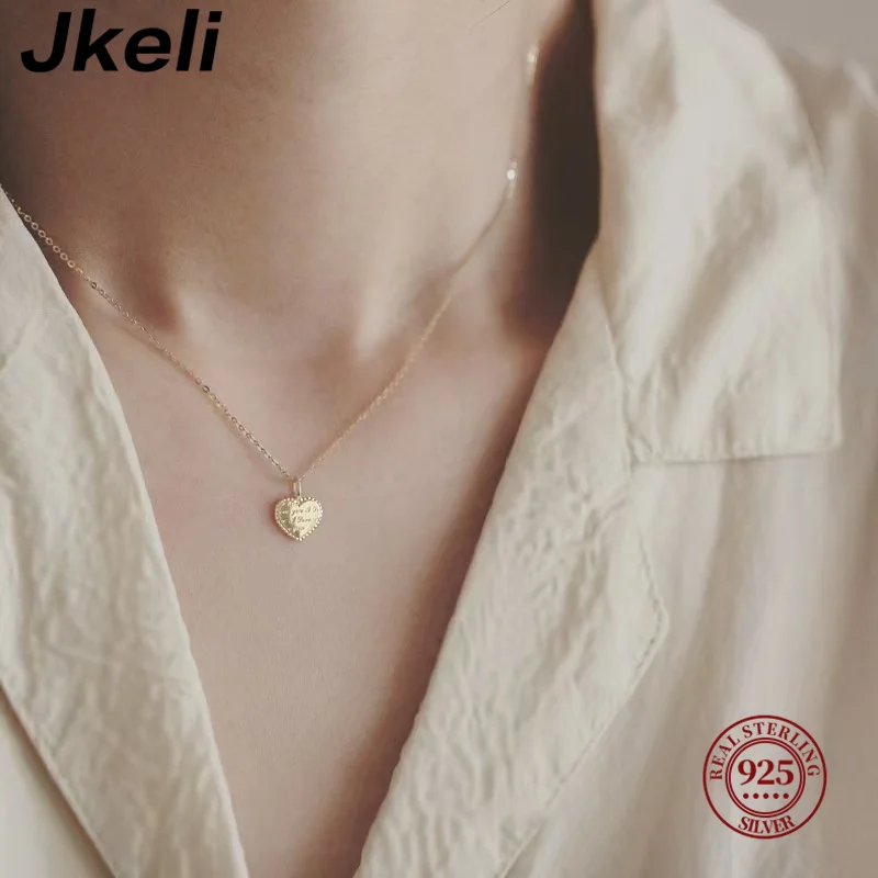 Jkeli S925 Sterling Silver 14K Gold Plated Necklace Women's Lockbone Chain Heart Shaped Small Coin Pendant Gift for Girlfriend