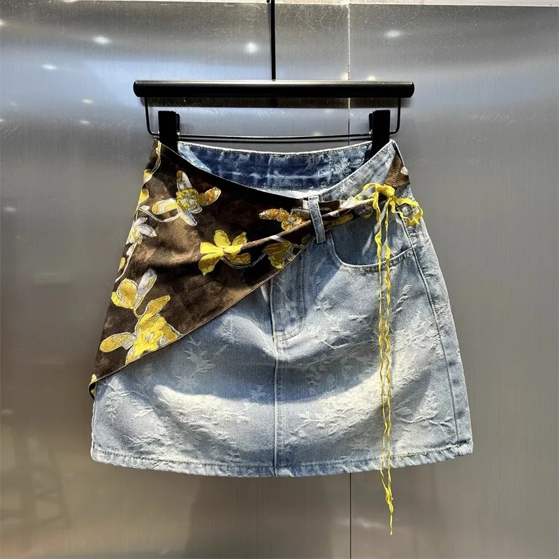 Fashionable Niche and Stylish Jacquard Design Denim Skirt Summer High-waisted Fashionable A-line Anti-glare Women's Short Skirt