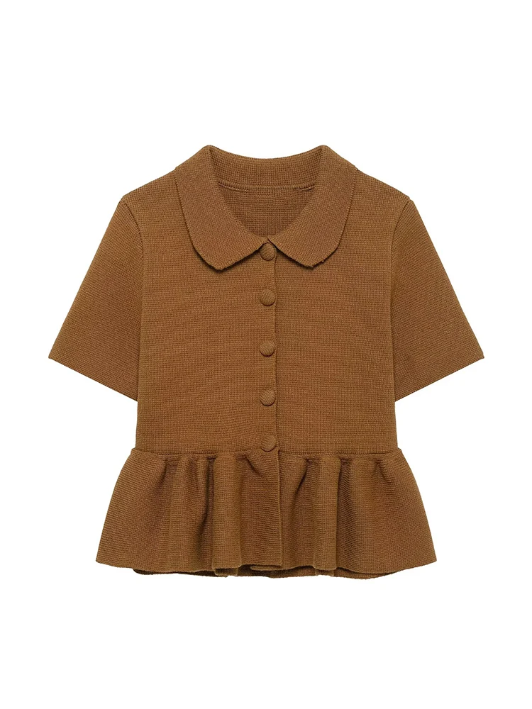 

Women Fashion Brown Pleated Single Breasted Knitted Sweater Vintage Lapel Neck Short Sleeves Female Chic Lady Outfits