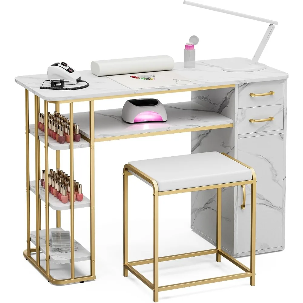 

Golden Frame Manicure Table with Stool, Marbling Texture Nail Desk Station Nail Table w/3-Tier Shelves & 2 Drawers, 1 Cabinet, B