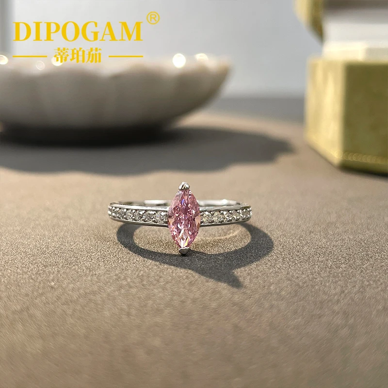 

DIPOGAM Ice flower cut pure silver s925 ring set with horse eye pink moissanite, simple and high-end women's diamond ring