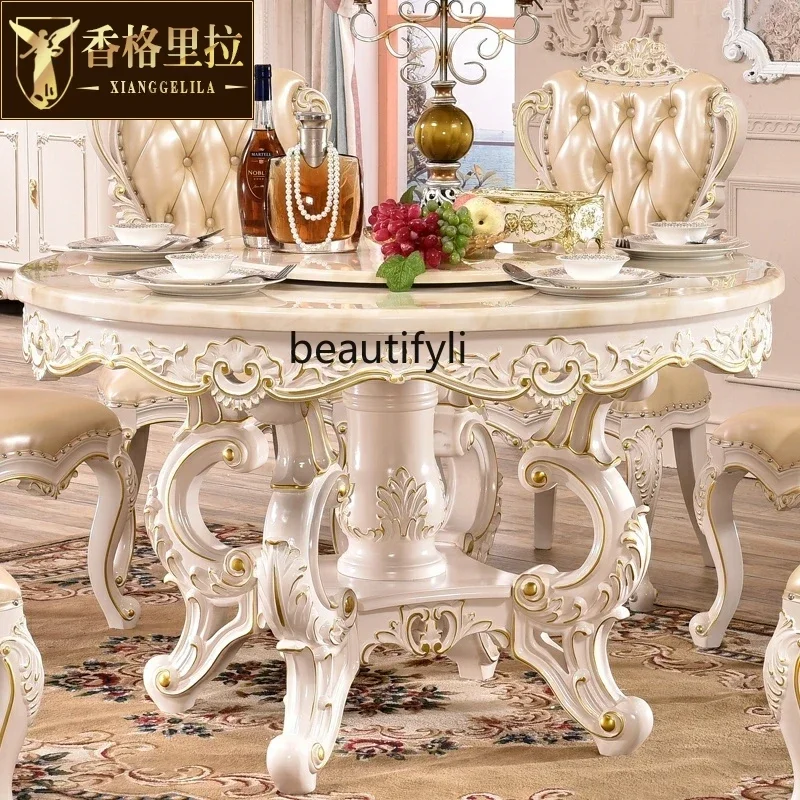 178European marble dining table, American luxury restaurant solid wood carving flower belt turntable household, round table2936