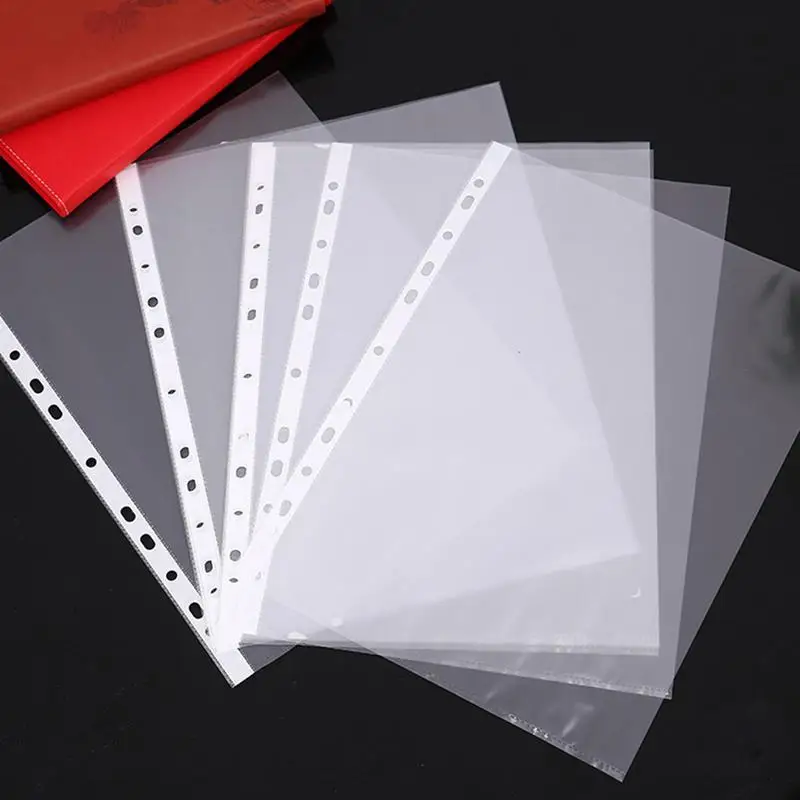 100pcs 11holes Plastic Punched File Folders for A4 Documents Sleeves Untral Thin Leaf Documents Sheet Protectors Office Supplies