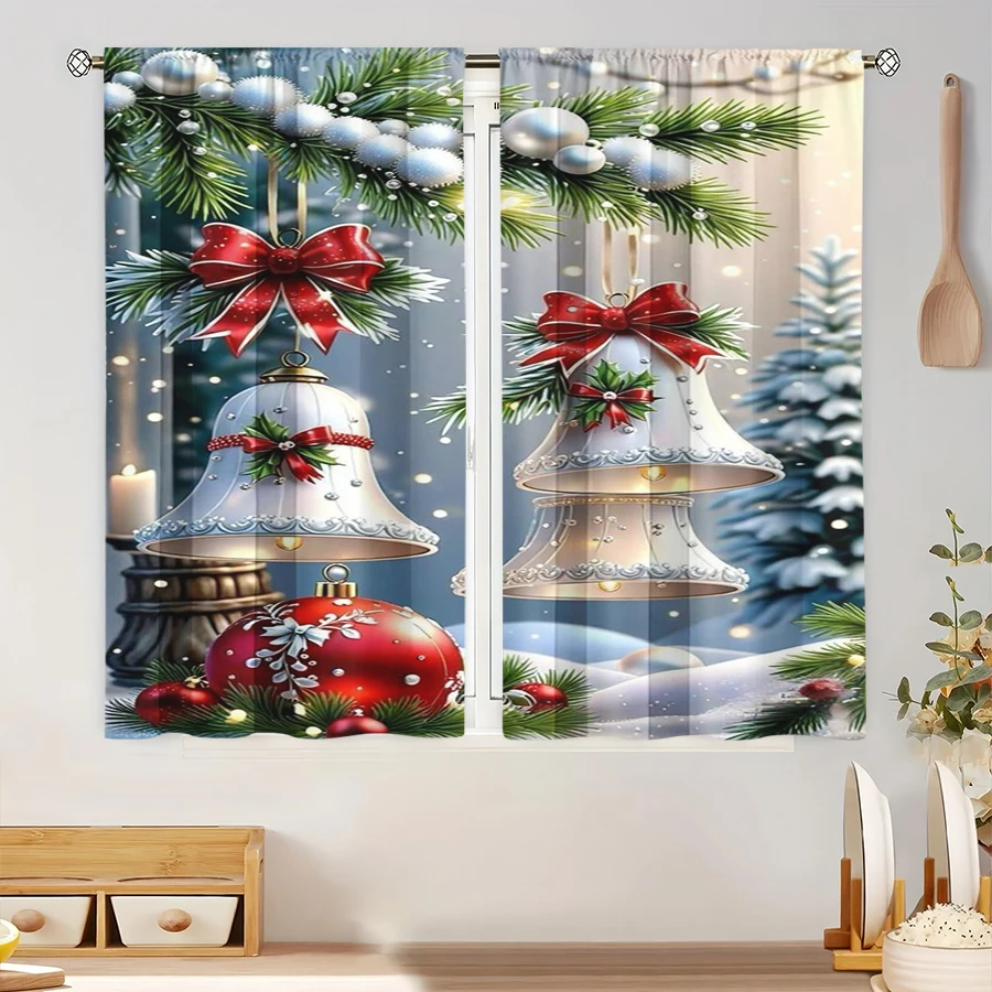2PCS Digital Print Curtain, White Christmas Bells with Red Bows and Ornament Balls, Pine Branches Snowy Scene, for Bedroom Decor