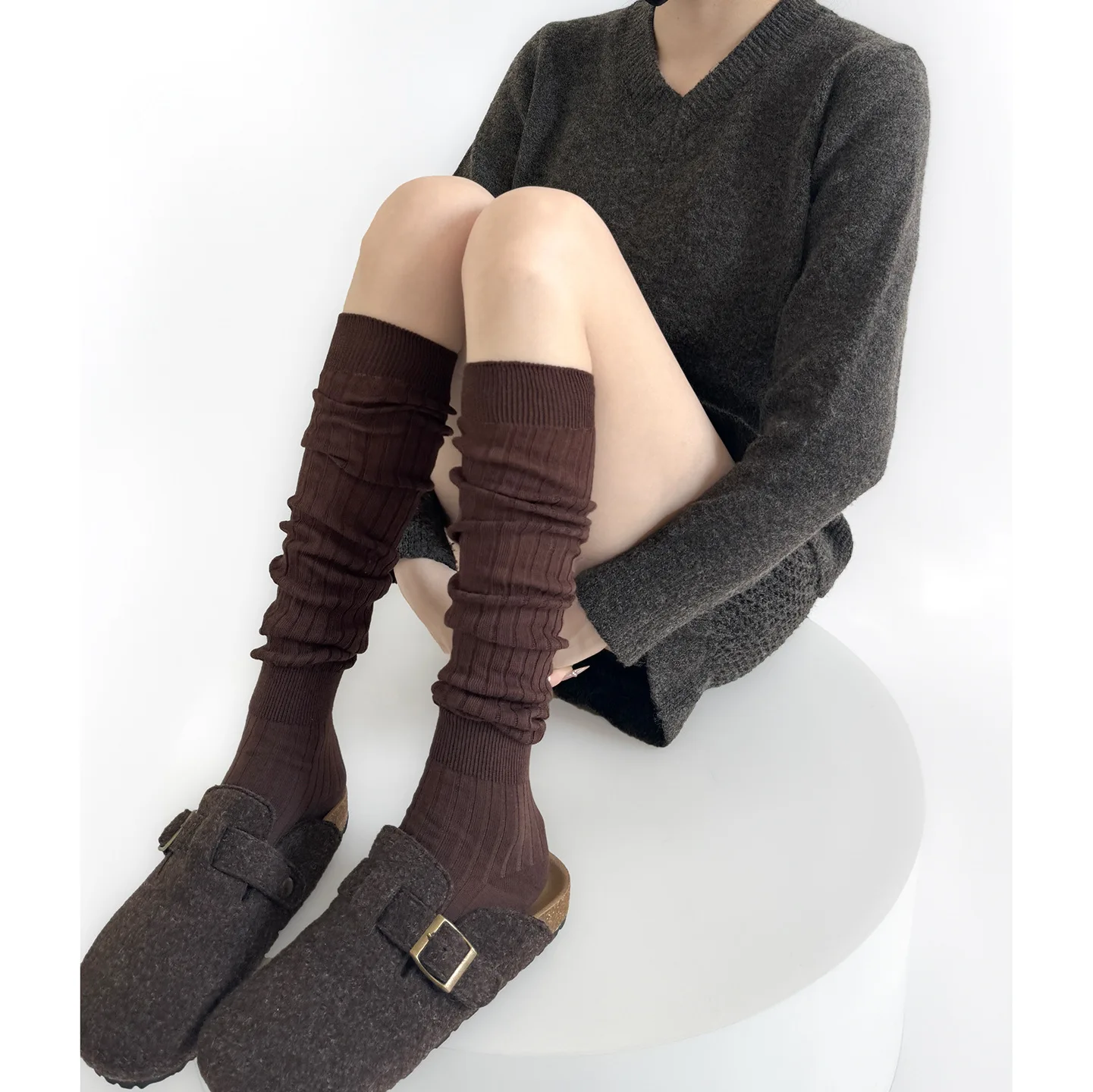 Autumn Winter Knee High Socks Loose Long Stacked Socks Women Girls High Solid Color Patchwork Socks High Elasticity Stockings