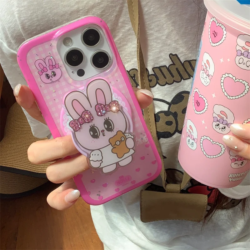 

Korean Glitter Cute Plaid Pattern Magnetic Phone Case For iPhone 17 Pro 15 14 16 Pro Max Cover with Rabbit Stand For Magsafe
