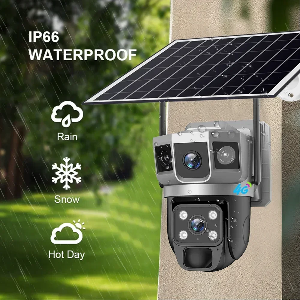 12MP Solar Camera 4G Sim Outdoor Dual Lens Three Screen 6K IP Camara Solar Panel CCTV Security Built in Battery PIR Cam V380