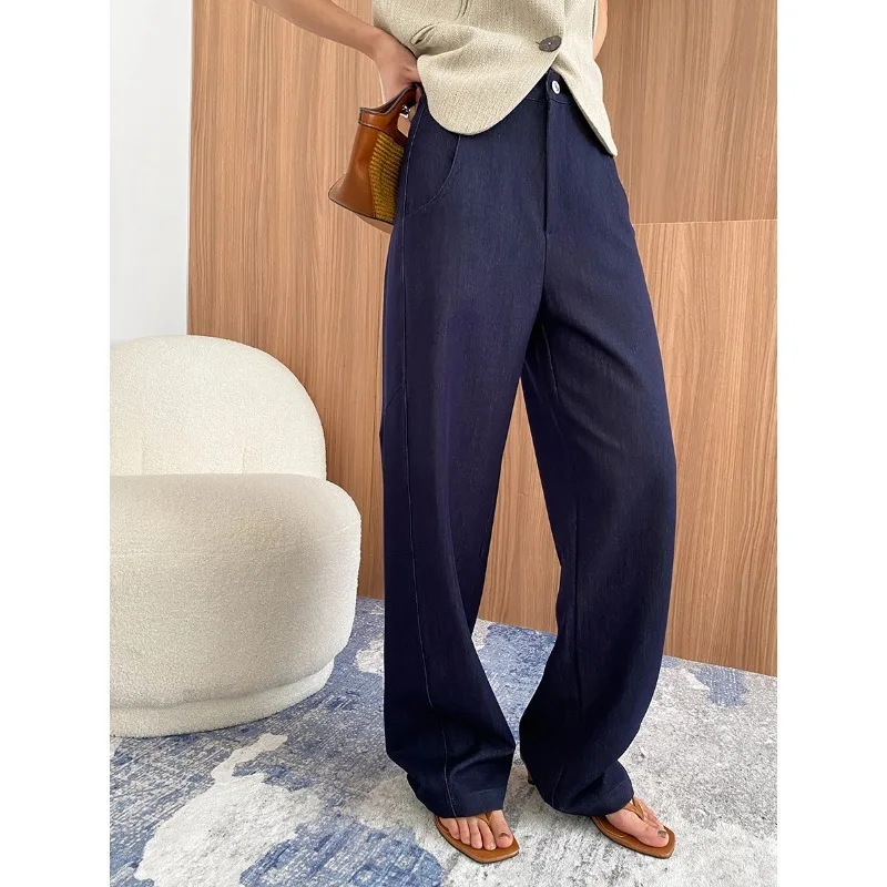 

CALYMIX 2025 Denim Imitation Silk Curved Knife Cut Pear Shaped Figure Loose Straight Leg Jeans