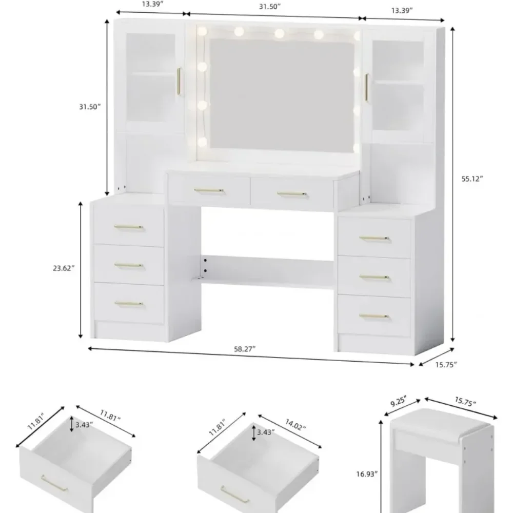 58.3" Vanity Desk with Mirror & Lights, Makeup Vanity with 10 LED Lights, 8 Metal Sliding Drawers & 2 Cabinets, White Vanity Set image 2