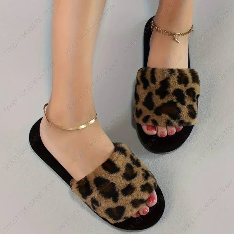 

Осень-зима, женские плюшевые тапочки с леопардовым принтом, уютные теплые туфли с открытым носком на мягкой подошве, удобные домашние нечеткие тапочки