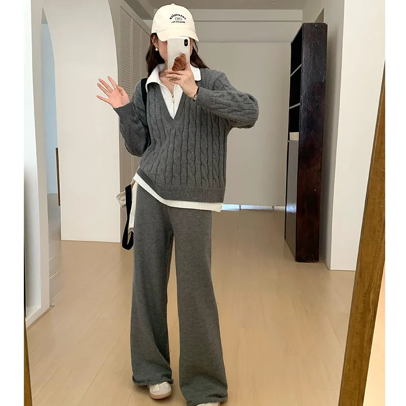 

Women Knitted Two Piece Pant Set Solid Sweater Set Long Sleeve Faux Layered Pullover Full Lenth Wide Leg Pant Casual 2025 Autumn
