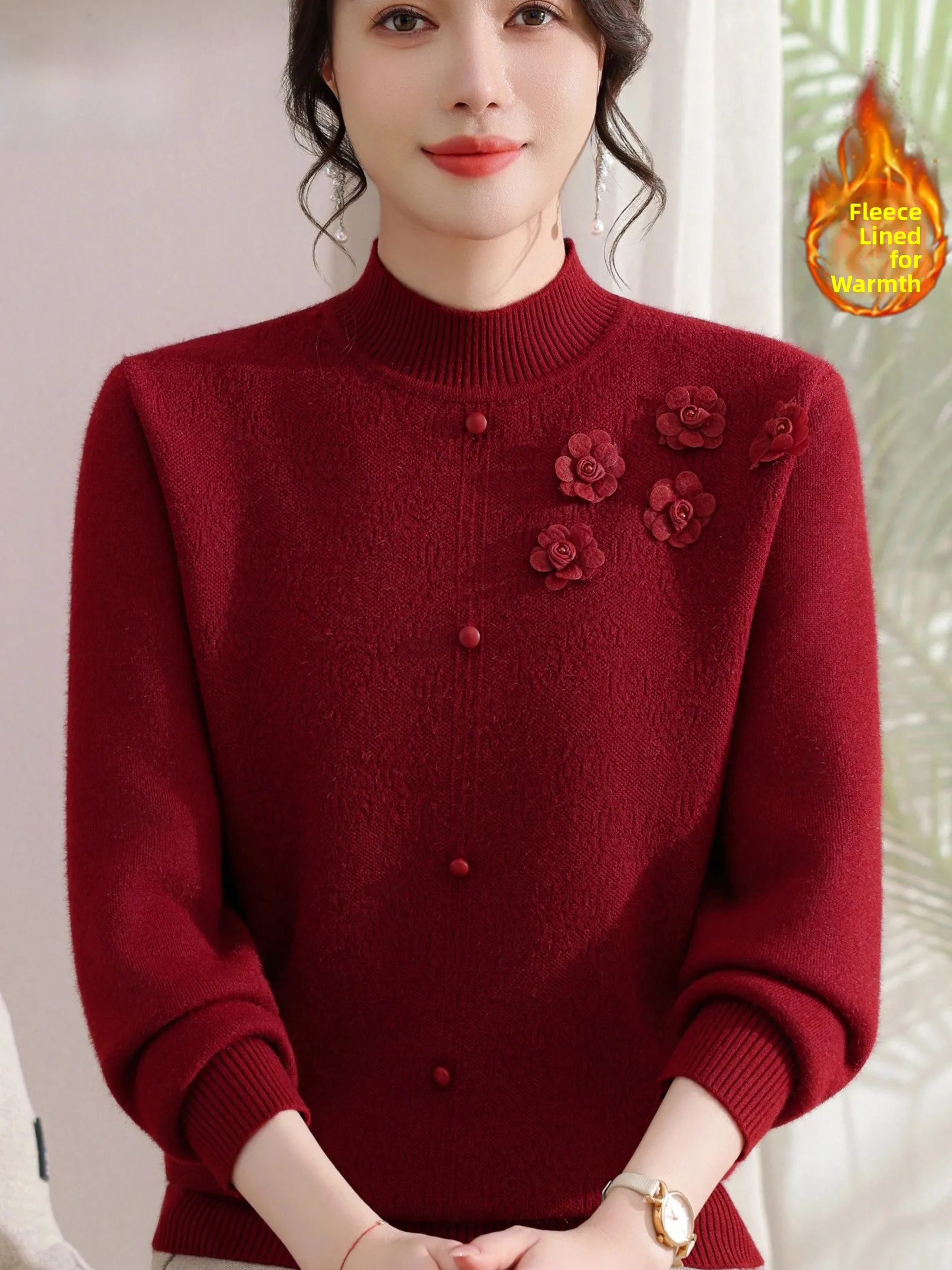 

Faionable Fce Lined Thi Knitted Sweater Mom Sle f High Collar Women's Winter Warm Base irt Floral Decoration