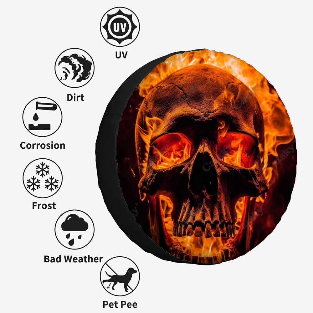 Spooky Scary Burning Skull Polyester Universal Spare Wheel Tire Cover Custom Tire-Covers for Trailer RV SUV Truck Camper