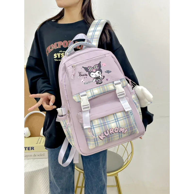 Sanrio Kulomie Printed Air Cushion Strap Student School Bag Melody Large Capacity Plaid Children's Burden Reduction Backpack