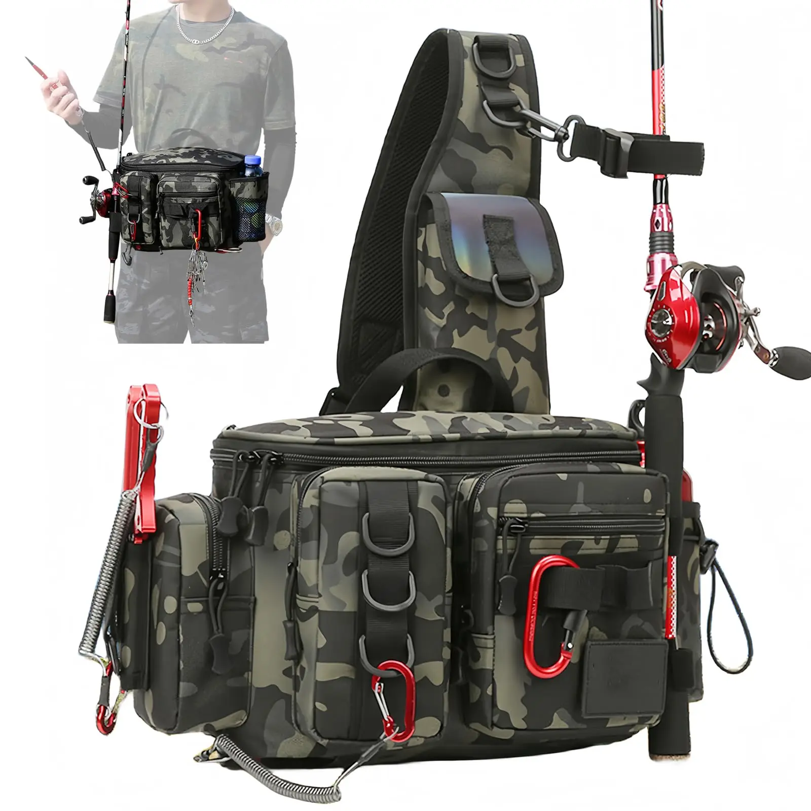 

Fishing Rod Tackle Backpack, Fishing Fanny Pack Crossbody Bag, Tackle Gear Holder Shoulder Bag, Ideal for Fishing Camping Hiking