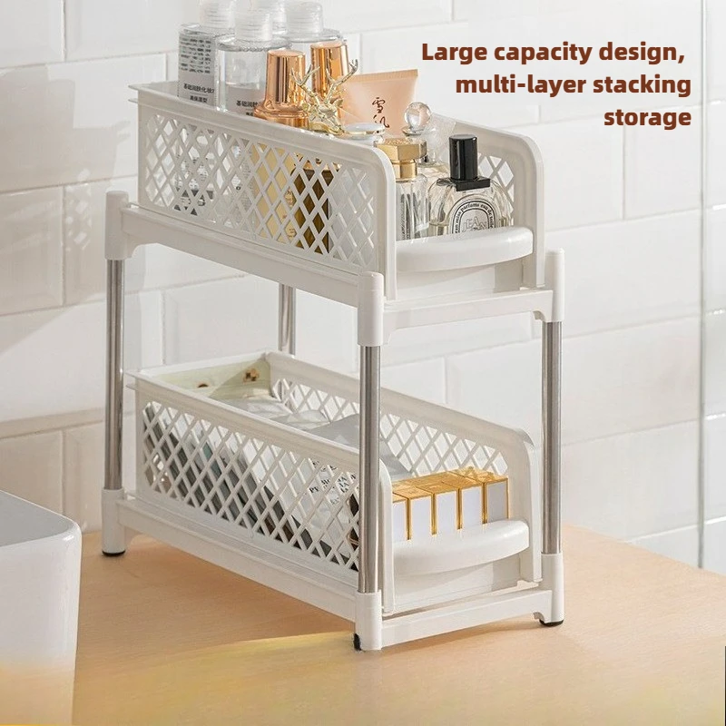

Multipurpose Pull Out Storage Shelf 2 Tier Kitchen Bathroom Desktop Organizer Plastic Slim Space Saver