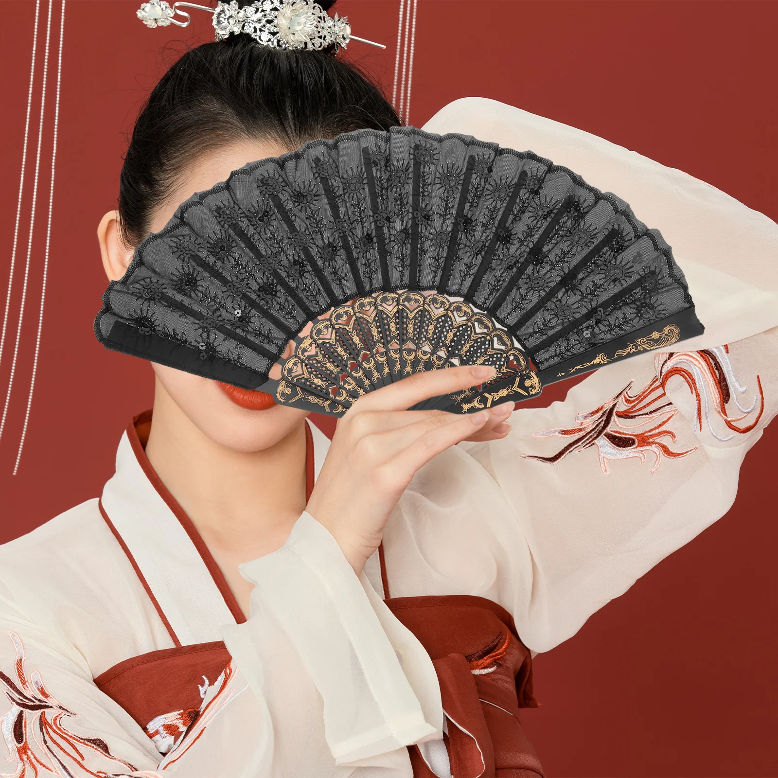 

Black Embroidered Sequin Folding Fan Black Rod Elegant Chinese Dance Wedding Tea Party Stage Performance Decorative Fan