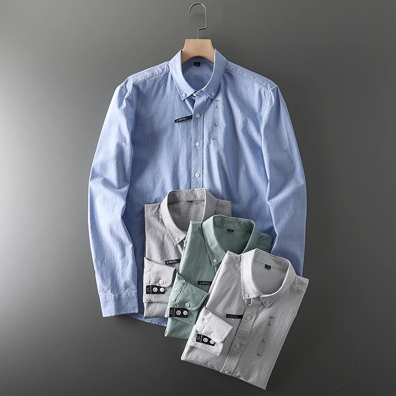Men's Fashion Business Wedding Work Solid Color All Cotton Pinstripe Lapel Casual Commuter Shirt Oxford Textile Korean Version