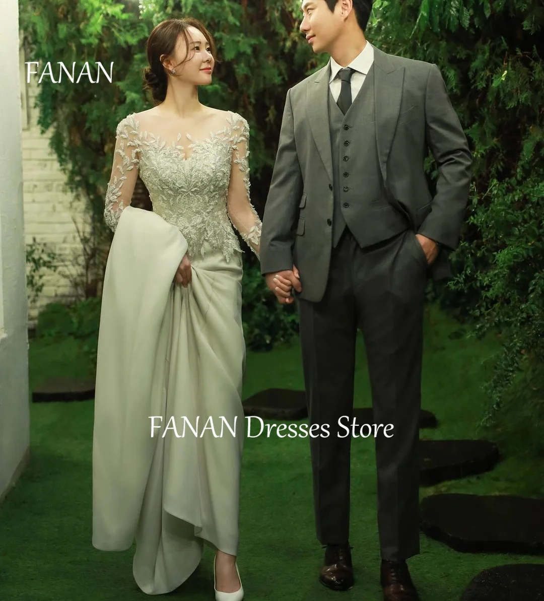 

FANAN Korea Elegant Ivory Illusion Neck Sheath Wedding Dresses 웨딩드레스 Sexy Appliques Organza Custom Made Bride Gowns Plus Size