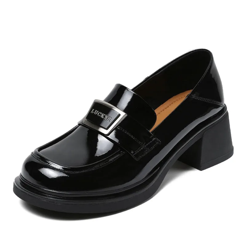 DRKANOL 2024 Women Thick High Heel Loafers Genuine Leather Round Toe Slip On Pumps Ladies Patent Leather Trend Casual Shoes