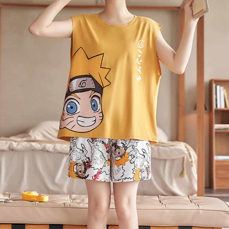 Anime Naruto Couple\'s Pajamas Set for Summer Men and Women Sleeveless T-shirt Cute Undershirt Comforts Shorts Nightwear Costume