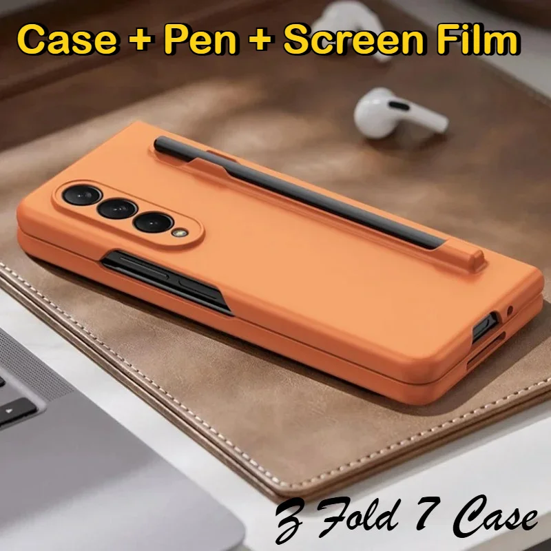 With S Pen Slot and HD Tempered Film Skin Feel Phone Case for Samsung Z Fold 7 6 5 4 3 360 Full Protect Hard PC Shockproof Cover