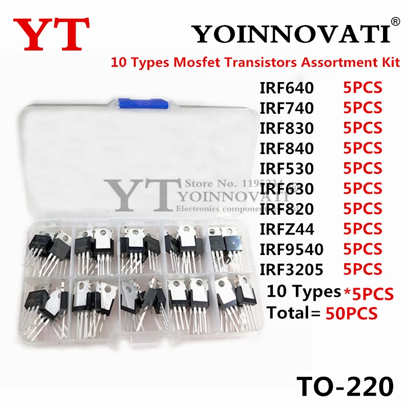 Kit de sortimento de transistores Mosfet de 10 tipos 50PCS IRF640 IRF740 IRF830 IRF840 IRF530 IRF630 IRF820 IRF3205 IRFZ44 IRF9540 TO-220