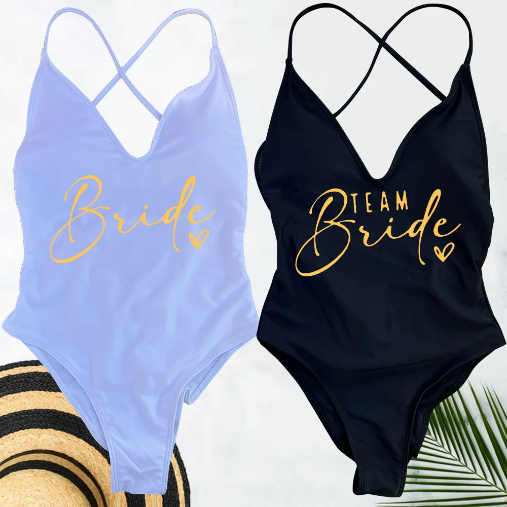 Pink Gold Print One Piece Swimsuit Team Bride Love Sexy Bathing Suit Padded Swimwear Women Bikini Bachelor Party Swim Beachwear image 4