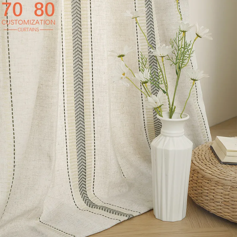 New Artistic Linen Vertical Stripe Jacquard Thickened Curtains for Living Room Bedroom Study French Window Customization