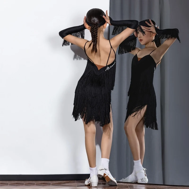 Robe de danse latine pour filles, à franges, Costumes de spectacle à bretelles, Chacha Samba, vêtements de danse latine, nouvelle collection 2025 DN20992