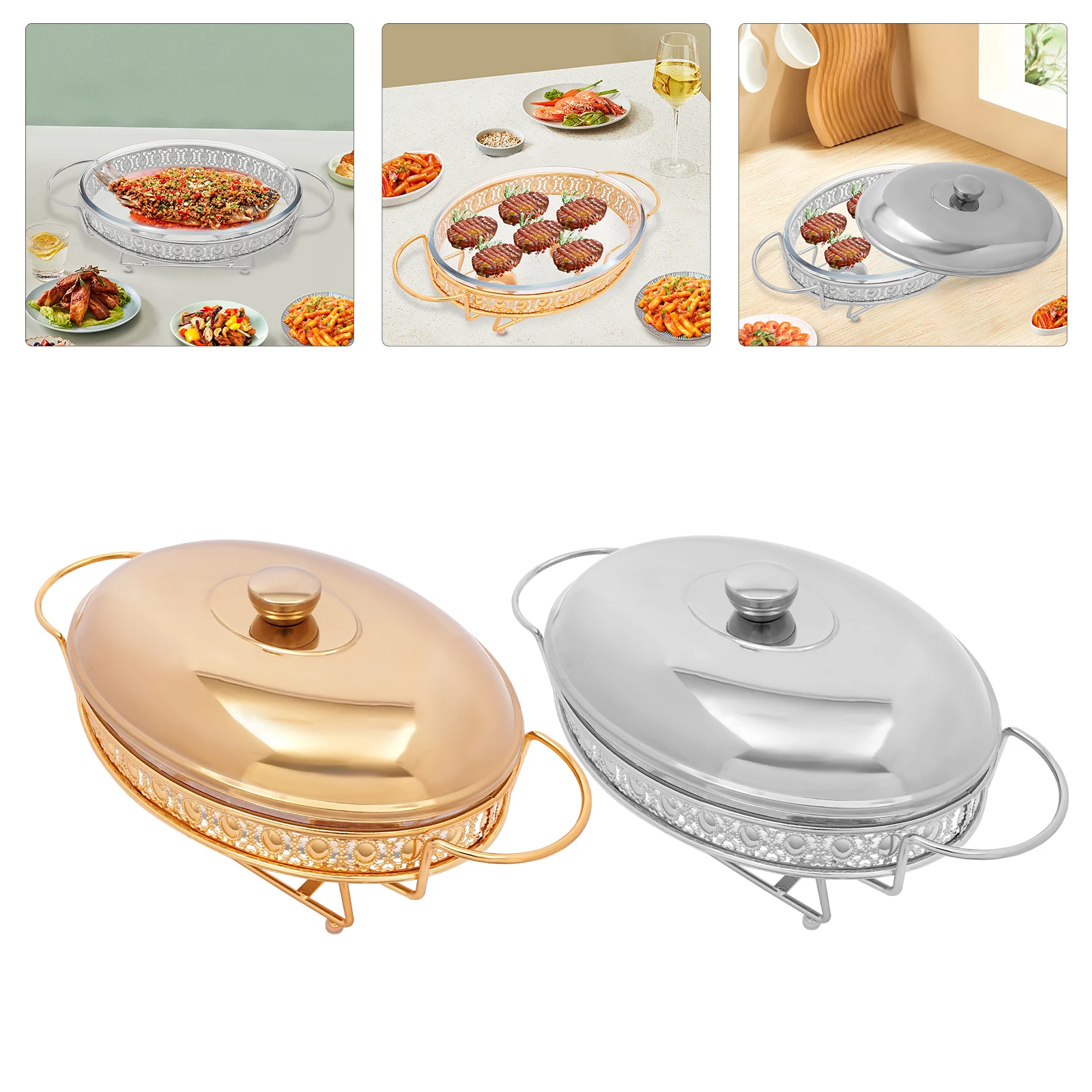 2L-Gold/Silver Glass Oval Buffet Food Serving Tray With Lid Stainless Steel Chafing Warmer Large Capacity For Restaurant Canteen