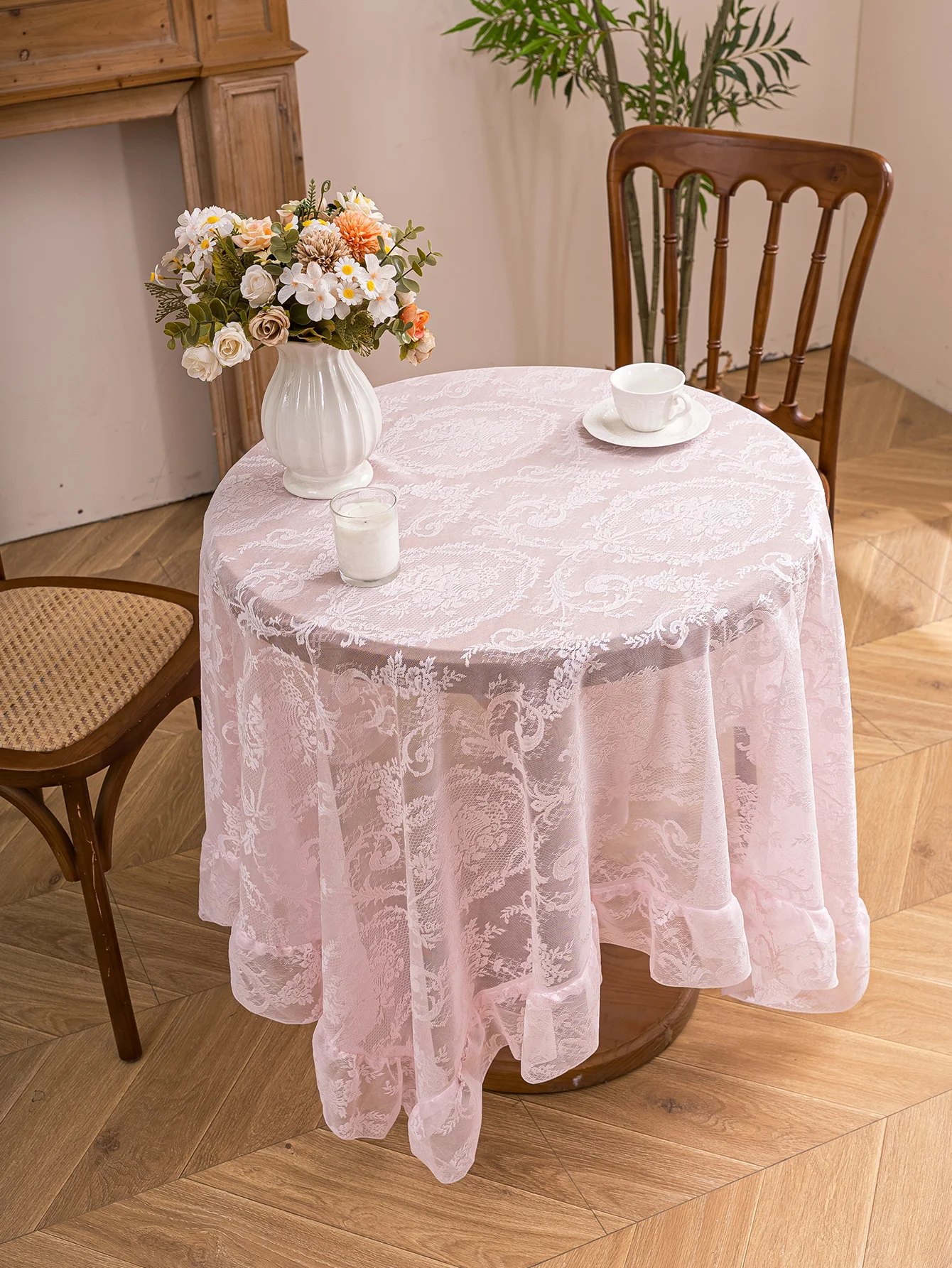Pink Vintage Lace Round Tablecloth, Floral Embroidery Sheer Table Cover with Ruffle Edge, Light Filtering Transparent Table Clot