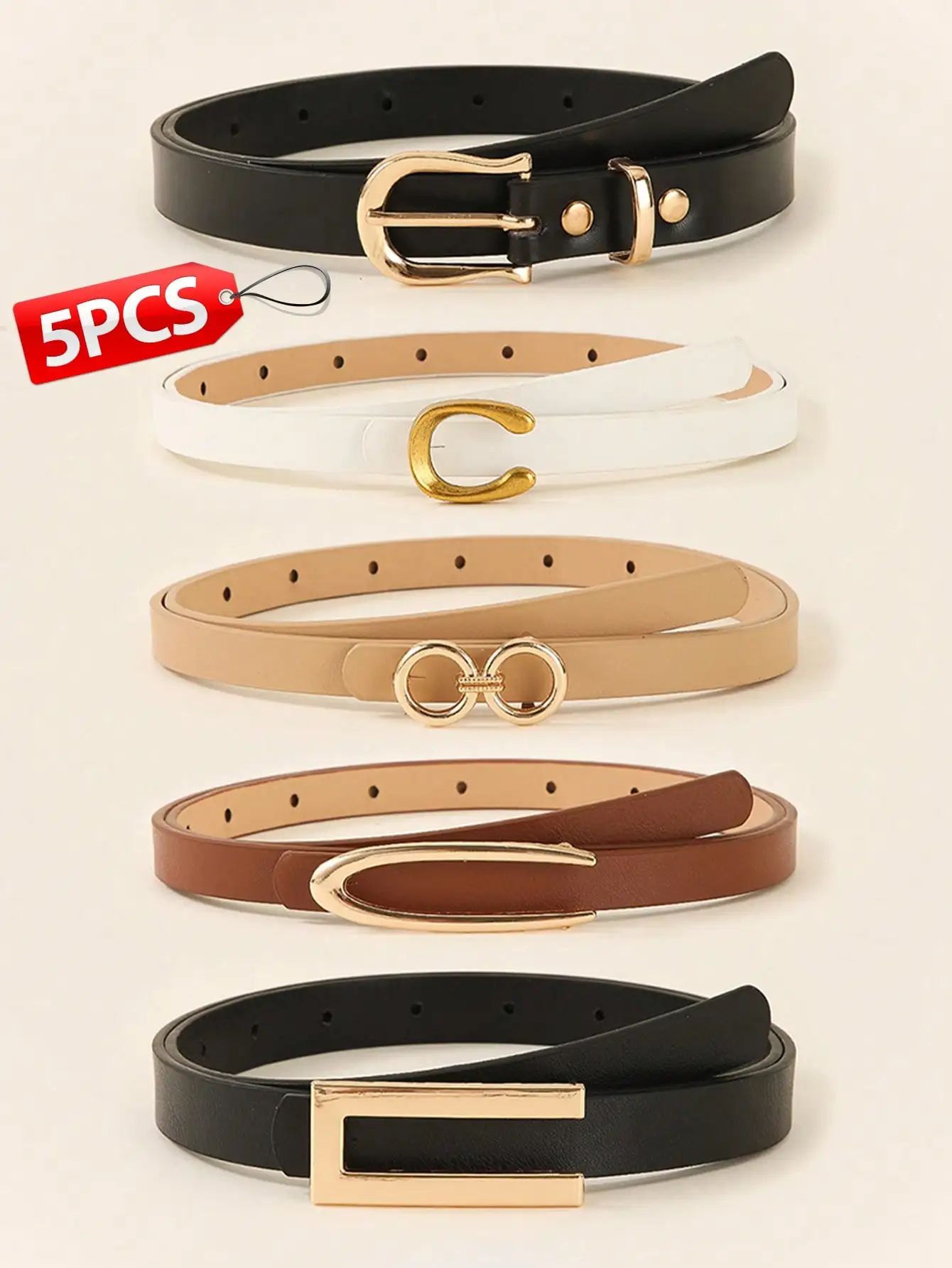 5pcs Set Minimalistic Solid Color Elegant Ladies Waist Belts, C & U-Shaped Metal Buckle For Dresses And Pants, Suitable For Casual, Commuting, And School Style, Gift Autumn, Halloween, Versatile Everyday