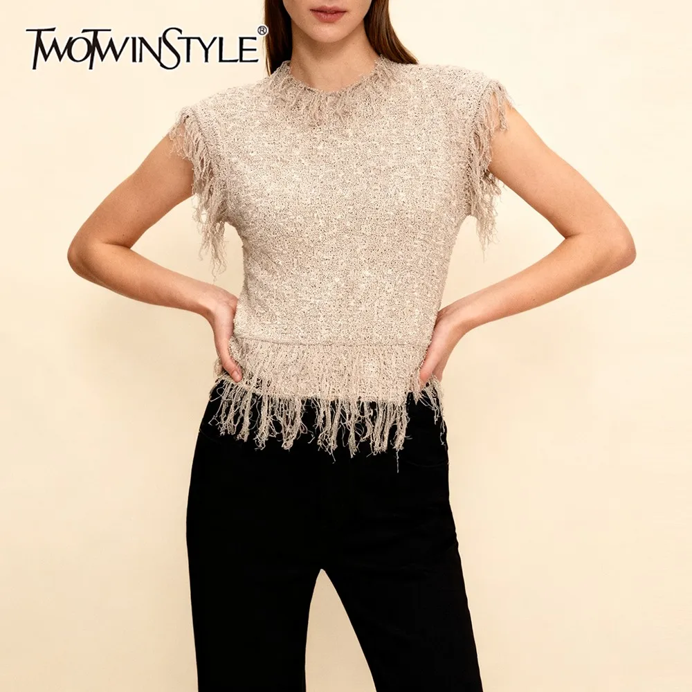 

TWOTWINSTYLE Fashionable High Street Tank Top for Women O Neck Sleeveless Spliced Tassel Short Slimming Knitted Vest Female New