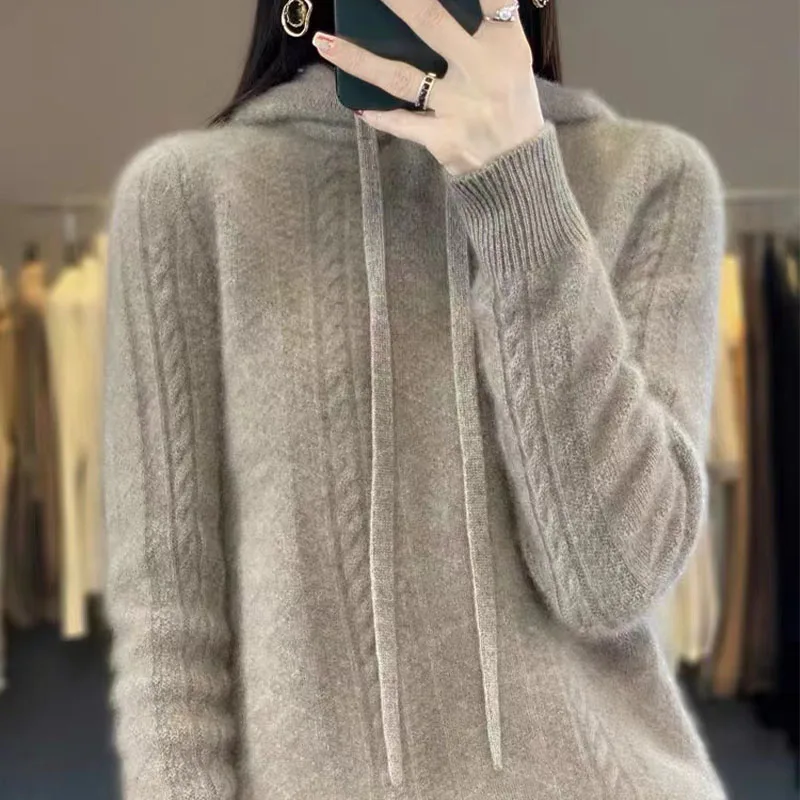 Autumn And Winter Women's New Knitted Hooded Sweater Casual Wool Temperament Long Sleeve Bottoming Shirt