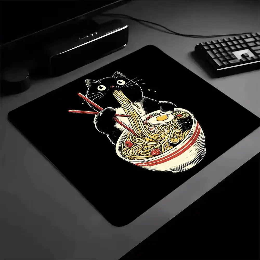 Black Cat Eat Ramen Mouse Pad Square Computer Office Game Table Mats PC Gaming Rubber Anti-slip Mousepads Small Decor Desk Pads