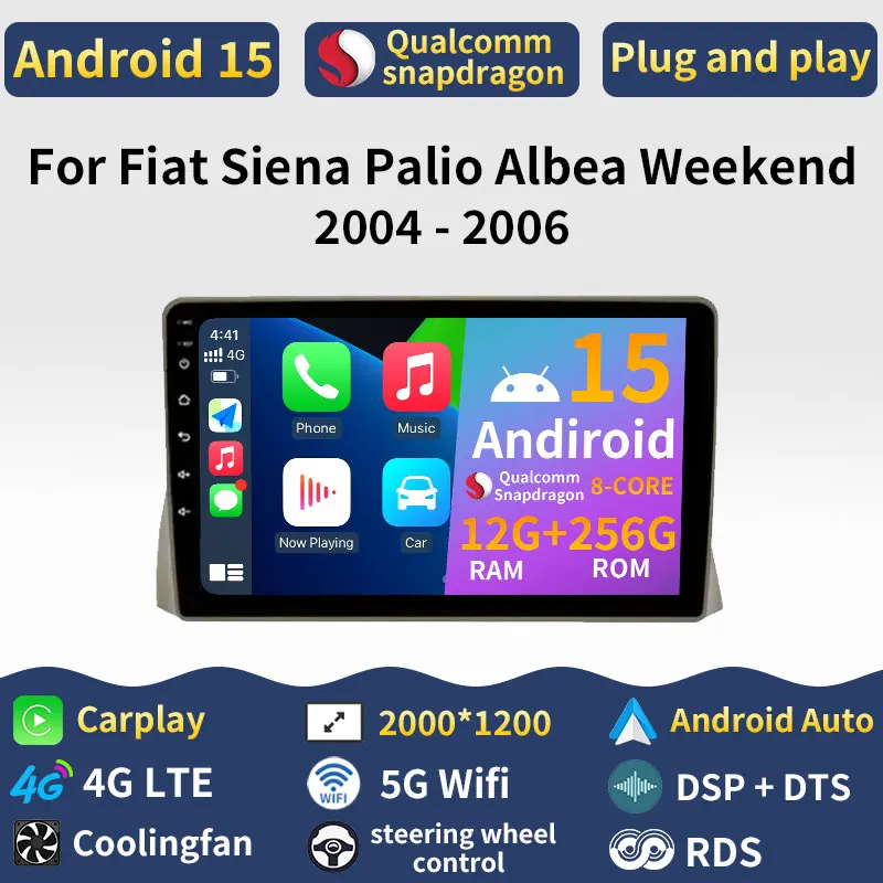 Auto carplay multimídia para fiat siena/palio/lbea/weekend 1996 - 2004 carro android 15 rádio do carro vídeo estéreo gps 2din unidade principal