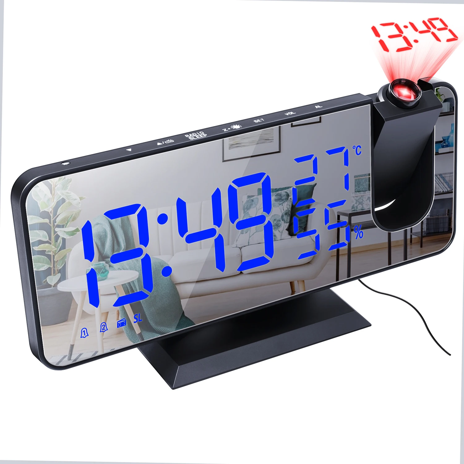 Digital Projection Alarm Clock 4-in-1 180 Degree Projector Clock Indoor Temperature Humidity Monitor FM Radio LED Display